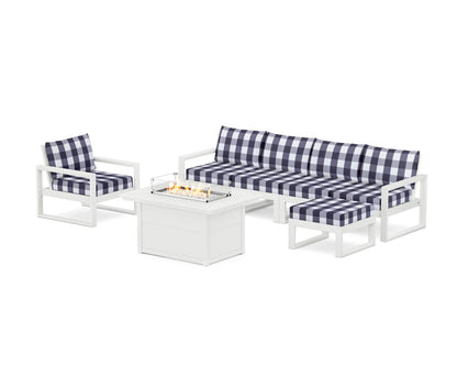 POLYWOOD® EDGE Sectional Lounge and Fire Pit Set in White / Buffalo Plaid Navy