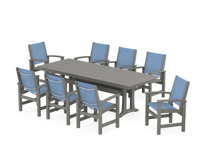 POLYWOOD® Coastal 9-Piece Farmhouse Dining Set with Trestle Legs in Slate Grey / Poolside Sling