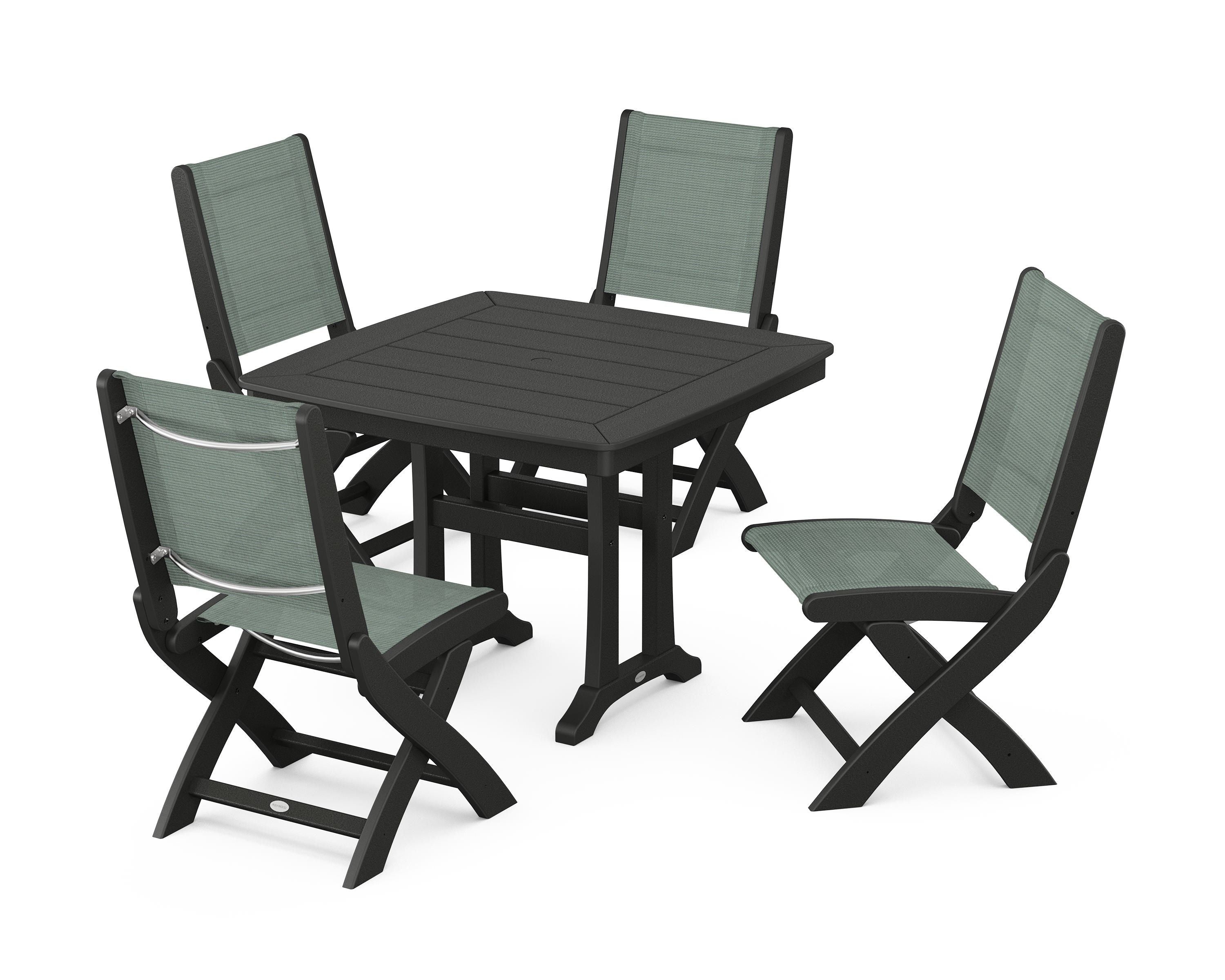 POLYWOOD® Coastal Folding Side Chair 5-Piece Dining Set with Trestle Legs in Black / Dupioni Sea Mist Sling