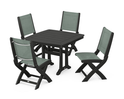 POLYWOOD® Coastal Folding Side Chair 5-Piece Dining Set with Trestle Legs in Black / Dupioni Sea Mist Sling