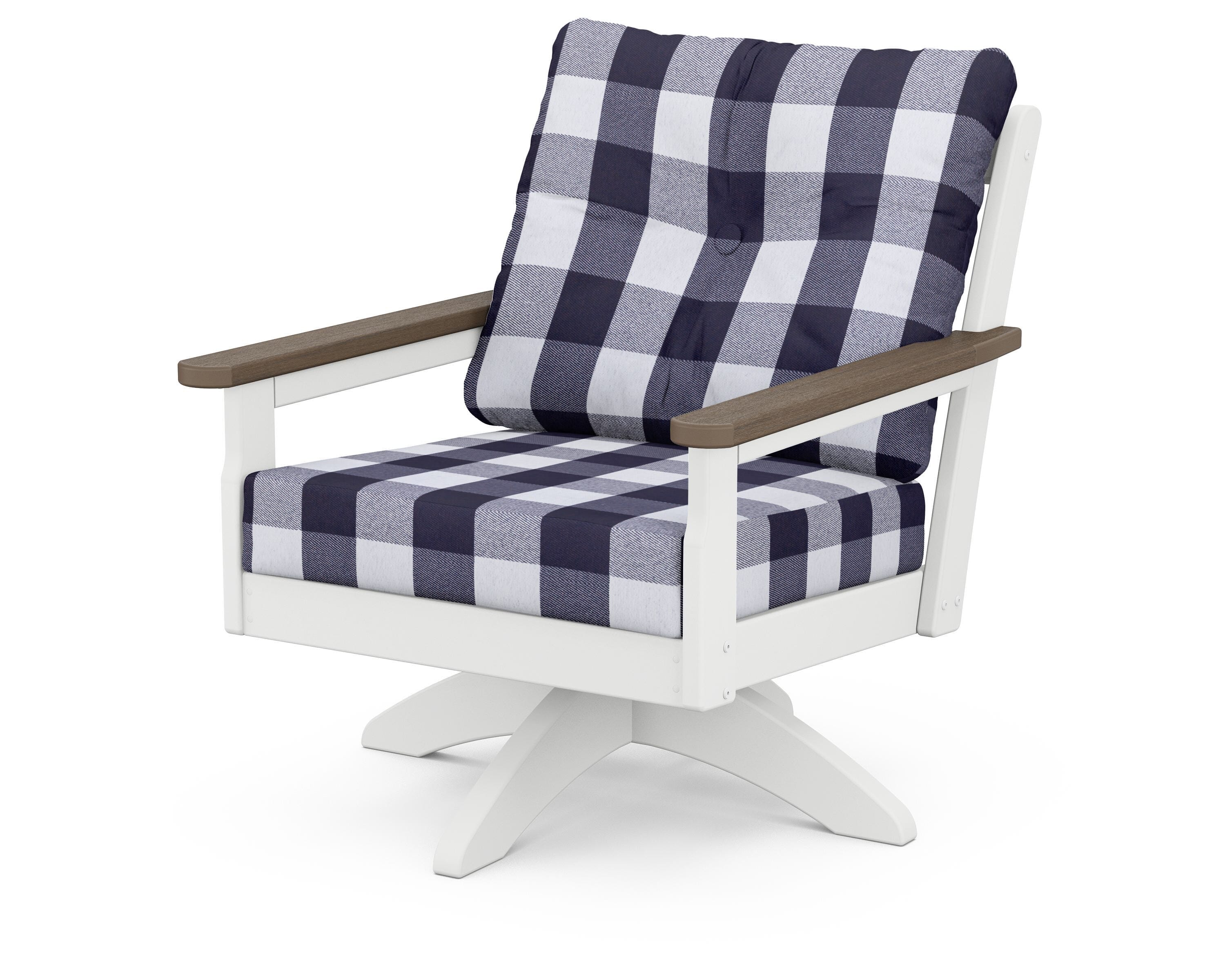 POLYWOOD® Vineyard Deep Seating Swivel Chair in White / Kona / Buffalo Plaid Navy