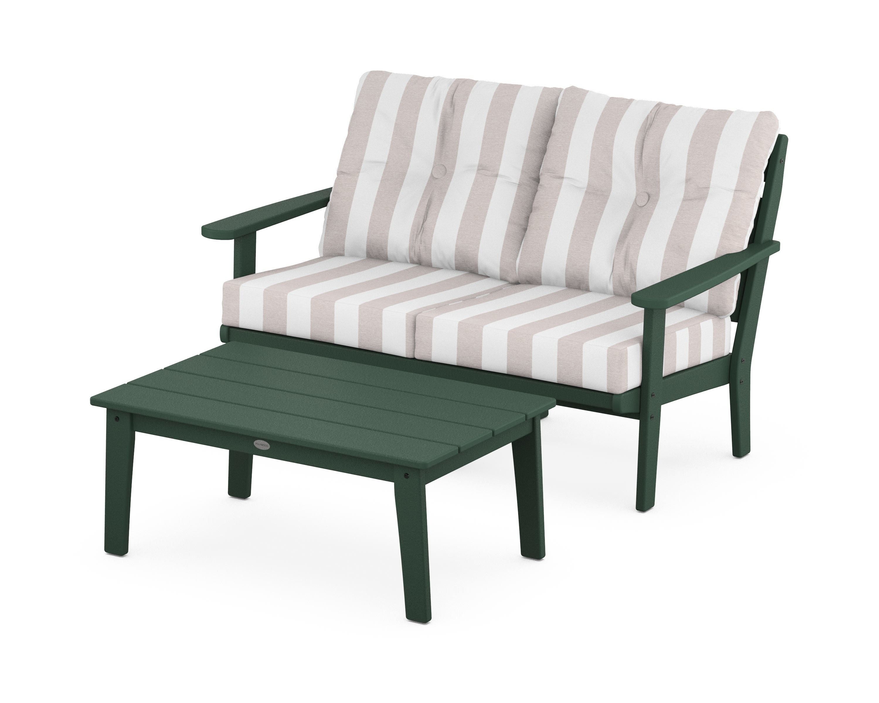 POLYWOOD® Lakeside 2-Piece Lounge Loveseat Set in Green / Cabana Stripe Dune Burlap