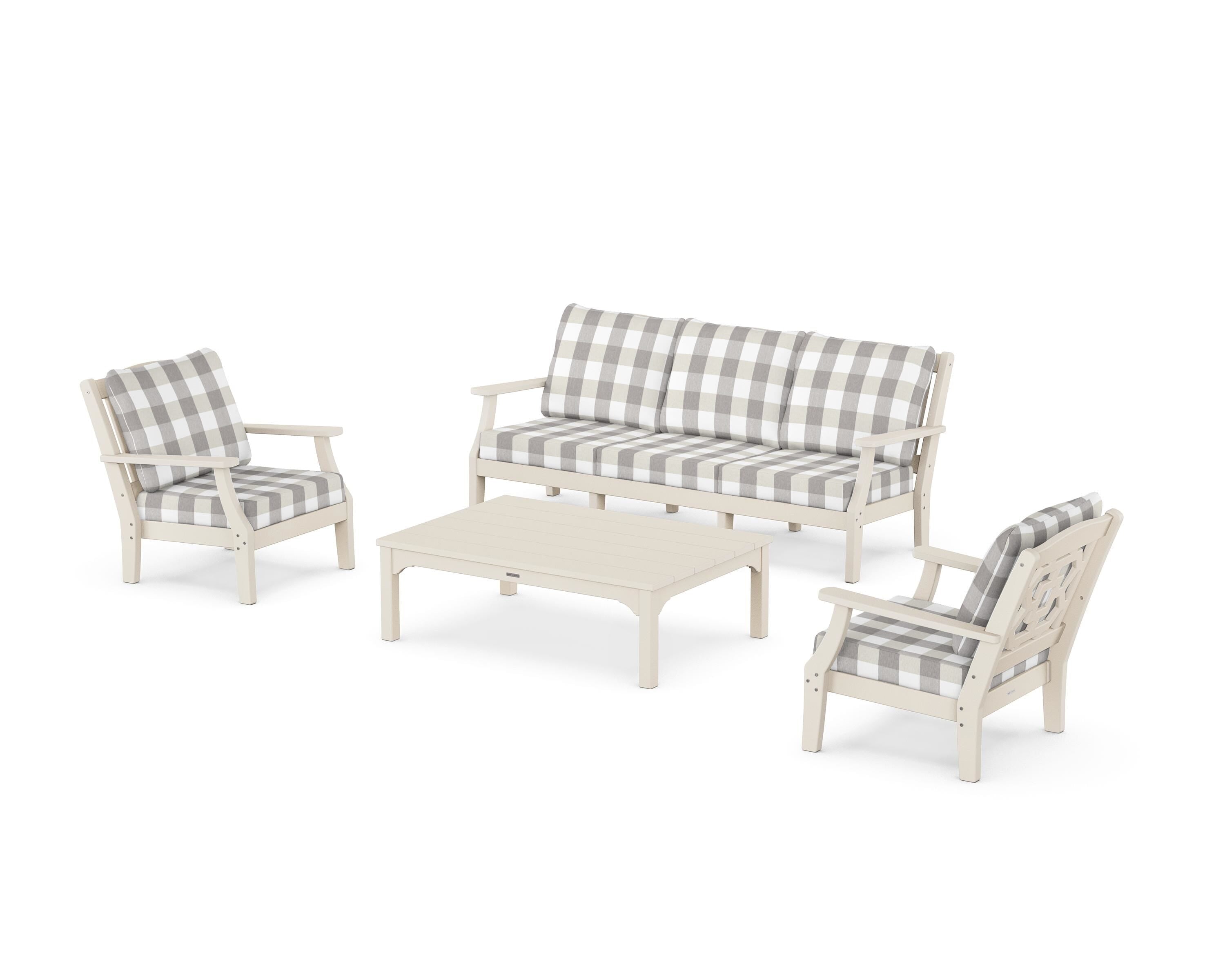 Martha Stewart by POLYWOOD® Chinoiserie 4-Piece Deep Seating Set with Sofa in Sand / Buffalo Plaid Grey Mist