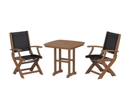 POLYWOOD® Coastal Folding Chair 3-Piece Dining Set in Teak / Black Sling