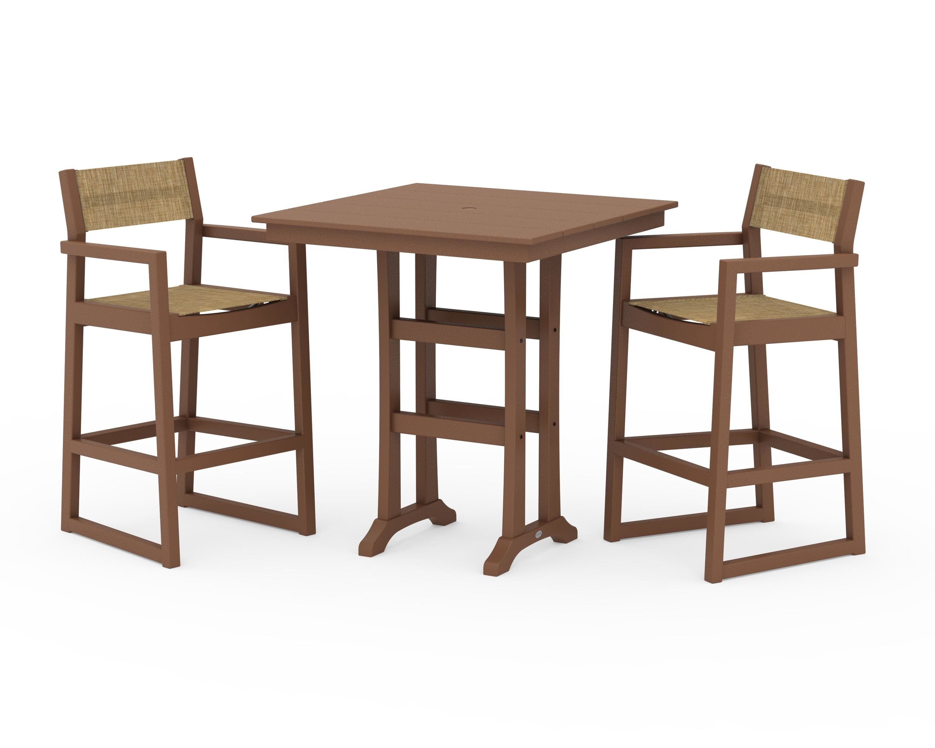 POLYWOOD® EDGE Sling Arm Chair 3-Piece Farmhouse Bar Set with Trestle Legs in Teak / Burlap Sling