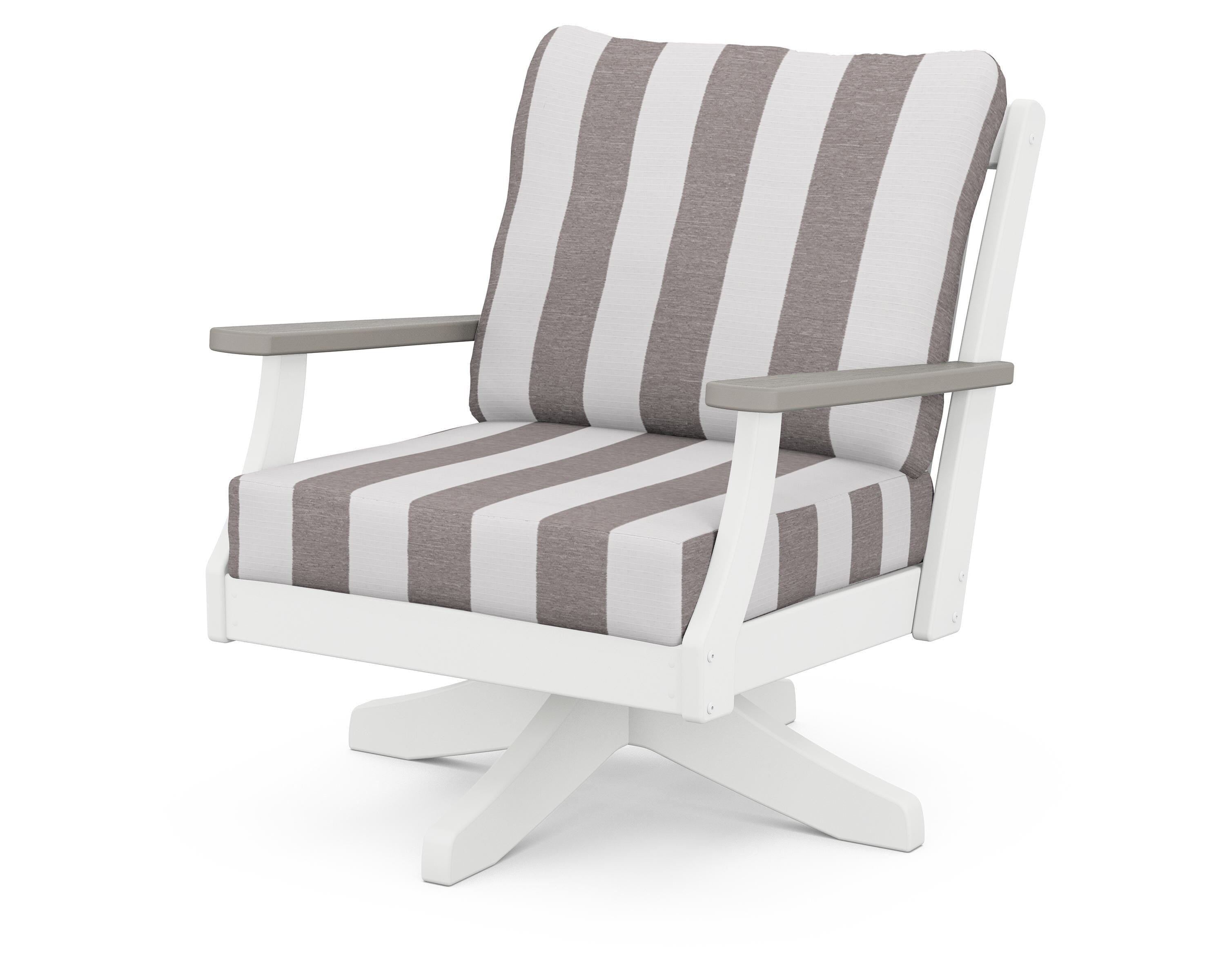 POLYWOOD® Braxton Deep Seating Swivel Chair in White / Driftwood / Cabana Stripe Grey Mist