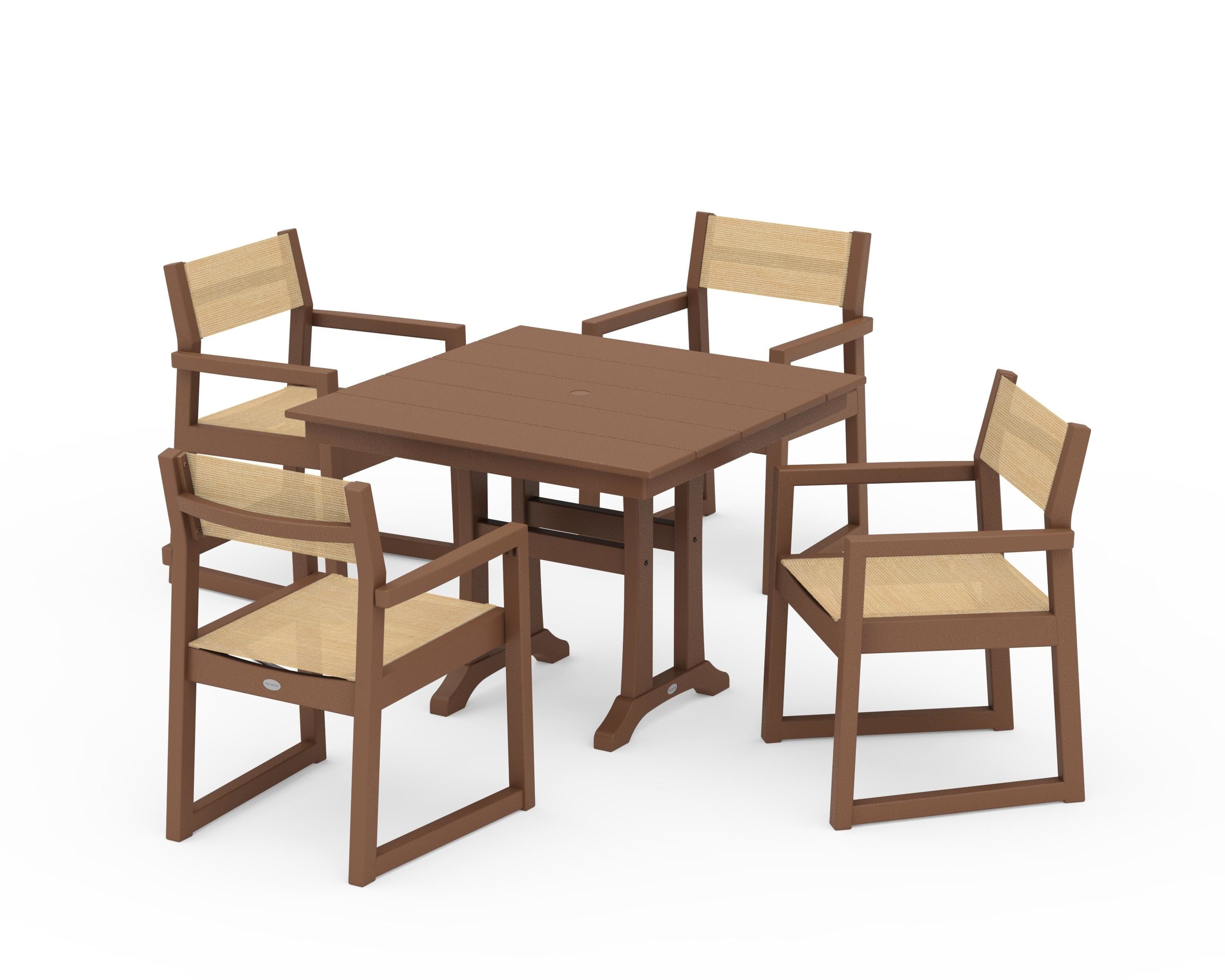 POLYWOOD® EDGE Sling 5-Piece Farmhouse Dining Set with Trestle Legs in Teak / Dupioni Apricot Sling