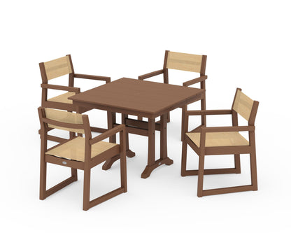 POLYWOOD® EDGE Sling 5-Piece Farmhouse Dining Set with Trestle Legs in Teak / Dupioni Apricot Sling