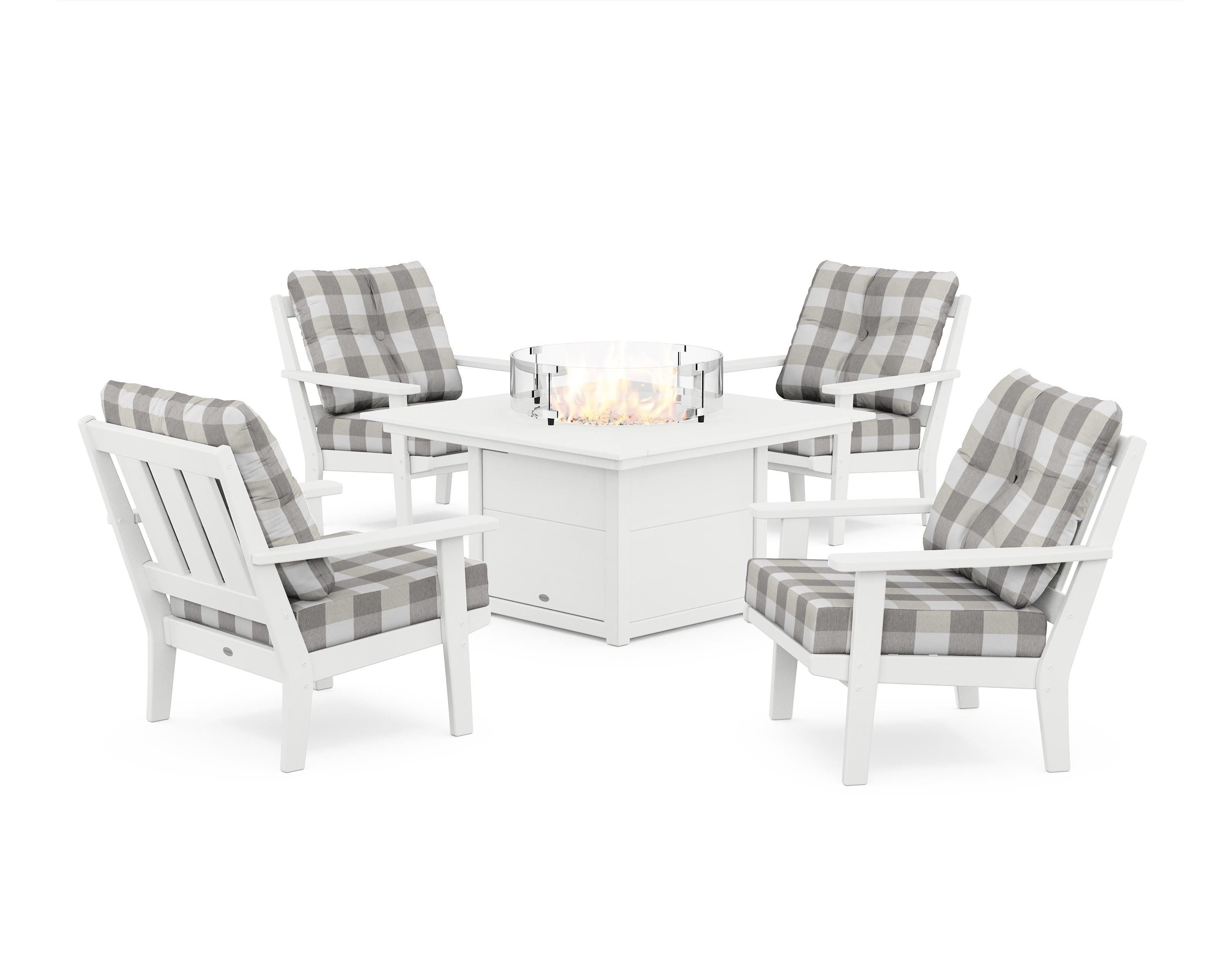 POLYWOOD® Oxford 5-Piece Deep Seating Set with Fire Pit Table in White / Buffalo Plaid Grey Mist