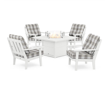 POLYWOOD® Oxford 5-Piece Deep Seating Set with Fire Pit Table in White / Buffalo Plaid Grey Mist