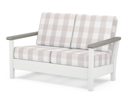 POLYWOOD® Harbour Deep Seating Loveseat in White / Driftwood / Buffalo Plaid Dune Burlap