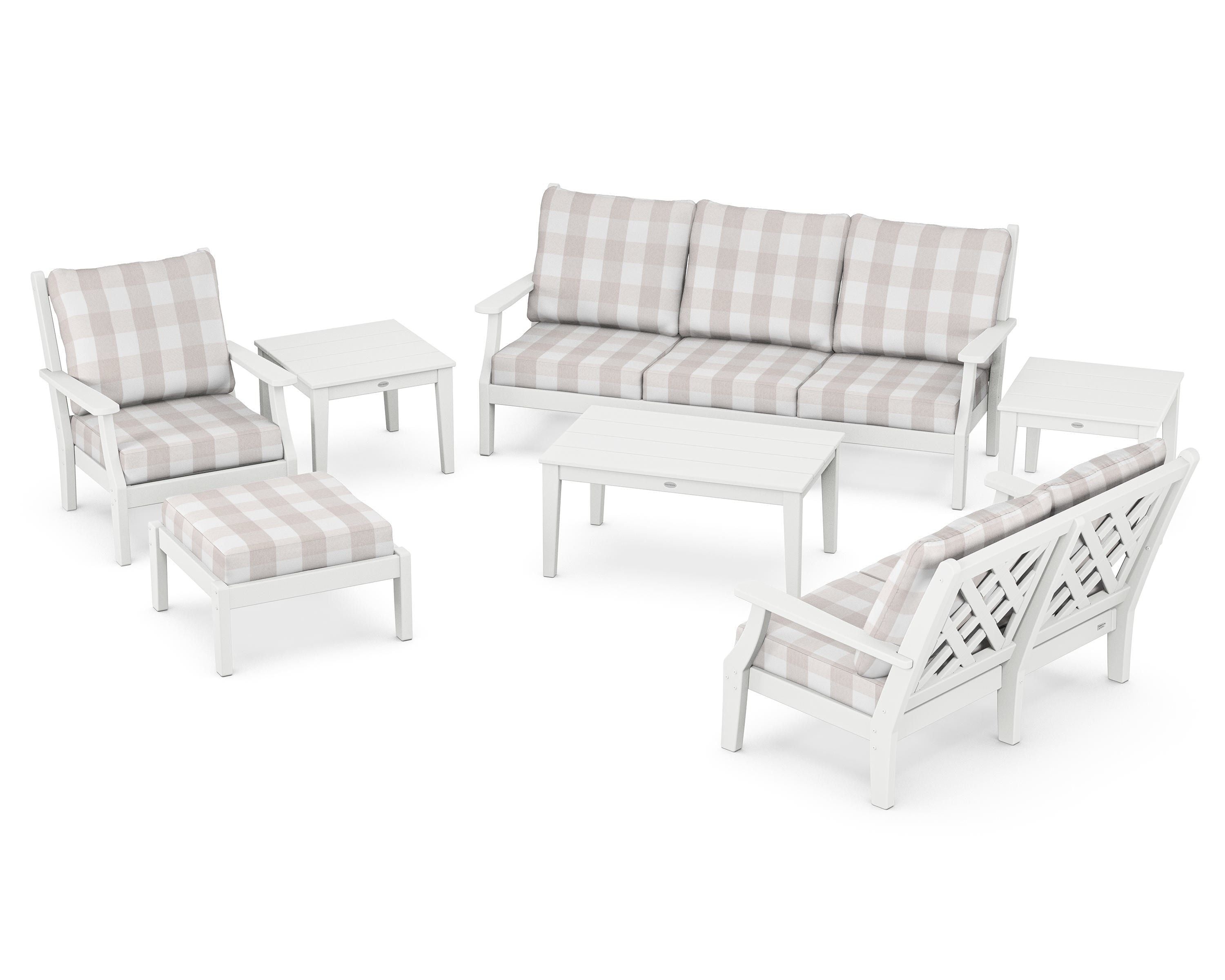 Country Living Wovendale 7-Piece Deep Seating Set in White / Buffalo Plaid Dune Burlap