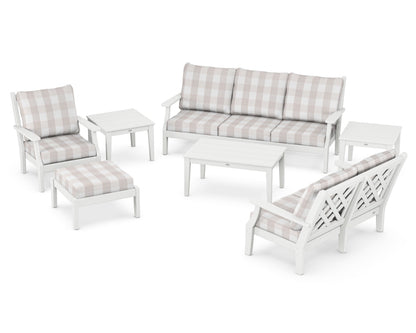 Country Living Wovendale 7-Piece Deep Seating Set in White / Buffalo Plaid Dune Burlap