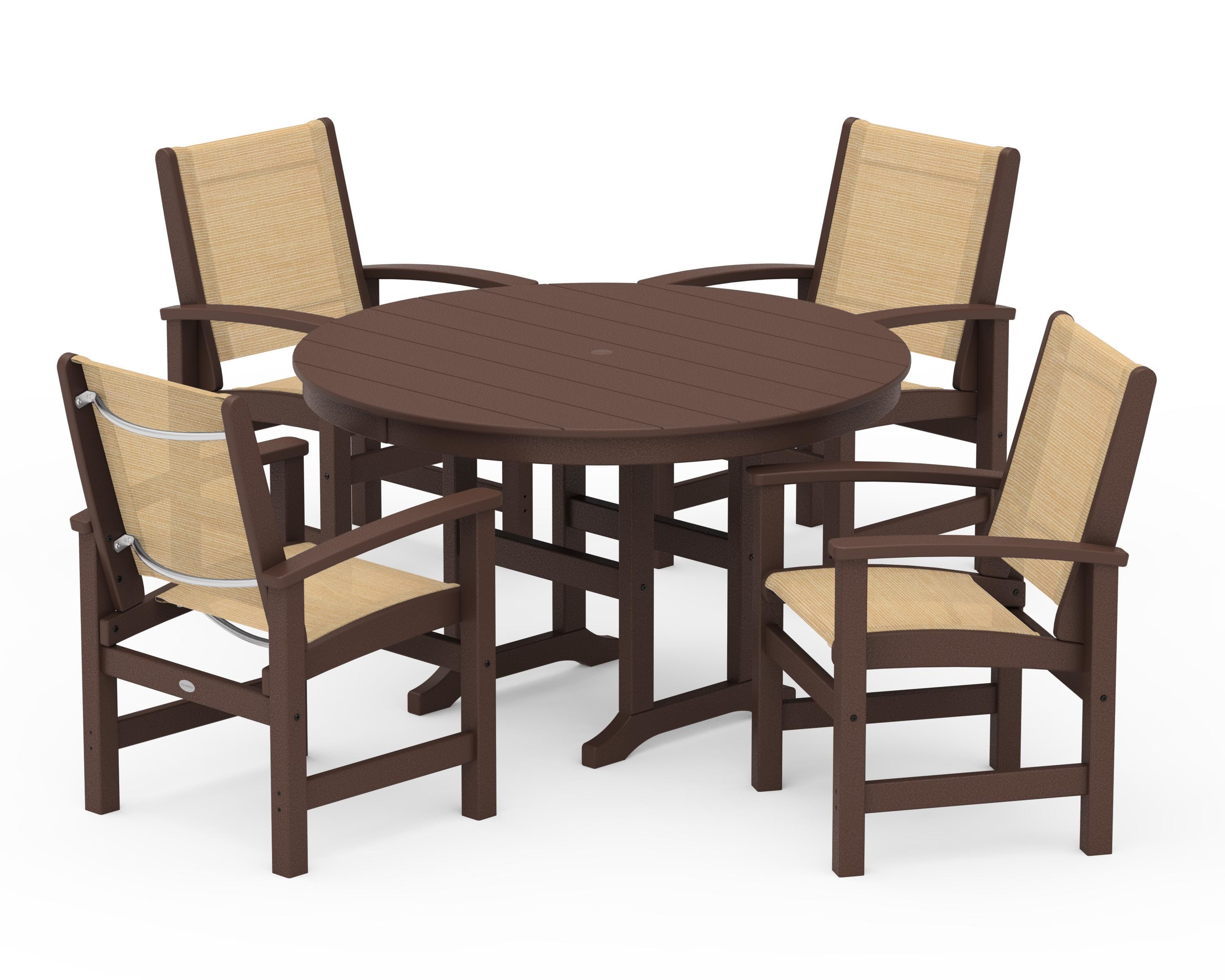 POLYWOOD® Coastal 5-Piece Round Farmhouse Dining Set in Mahogany / Dupioni Apricot Sling