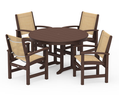 POLYWOOD® Coastal 5-Piece Round Farmhouse Dining Set in Mahogany / Dupioni Apricot Sling
