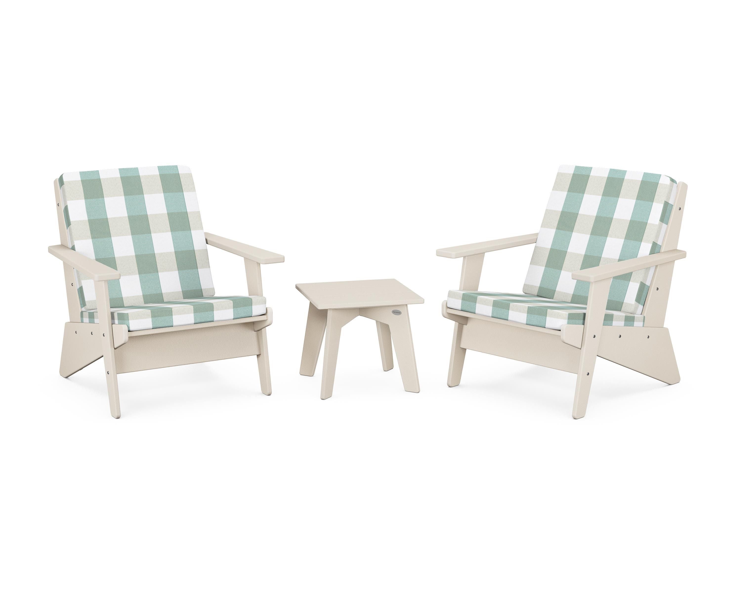POLYWOOD® Riviera Modern Lounge 3-Piece Set in Sand / Buffalo Plaid Glacier Spa