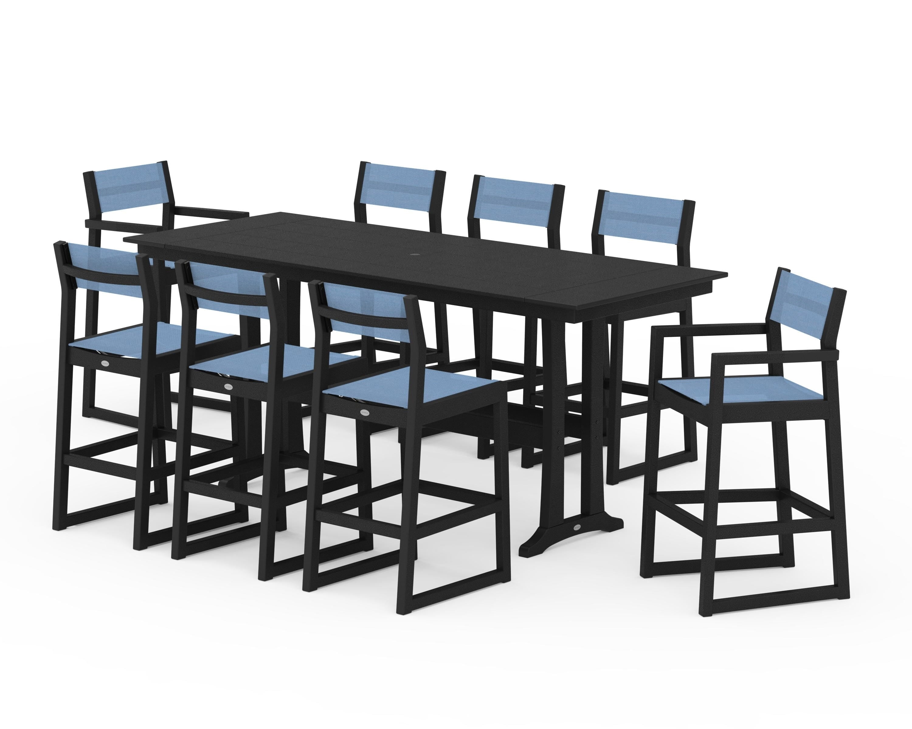 POLYWOOD® EDGE Sling 9-Piece Farmhouse Bar Set with Trestle Legs in Black / Poolside Sling