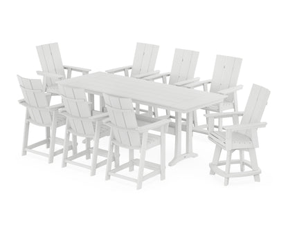 POLYWOOD® Modern Curveback Adirondack Swivel 9-Piece Farmhouse Counter Set with Trestle Legs in White