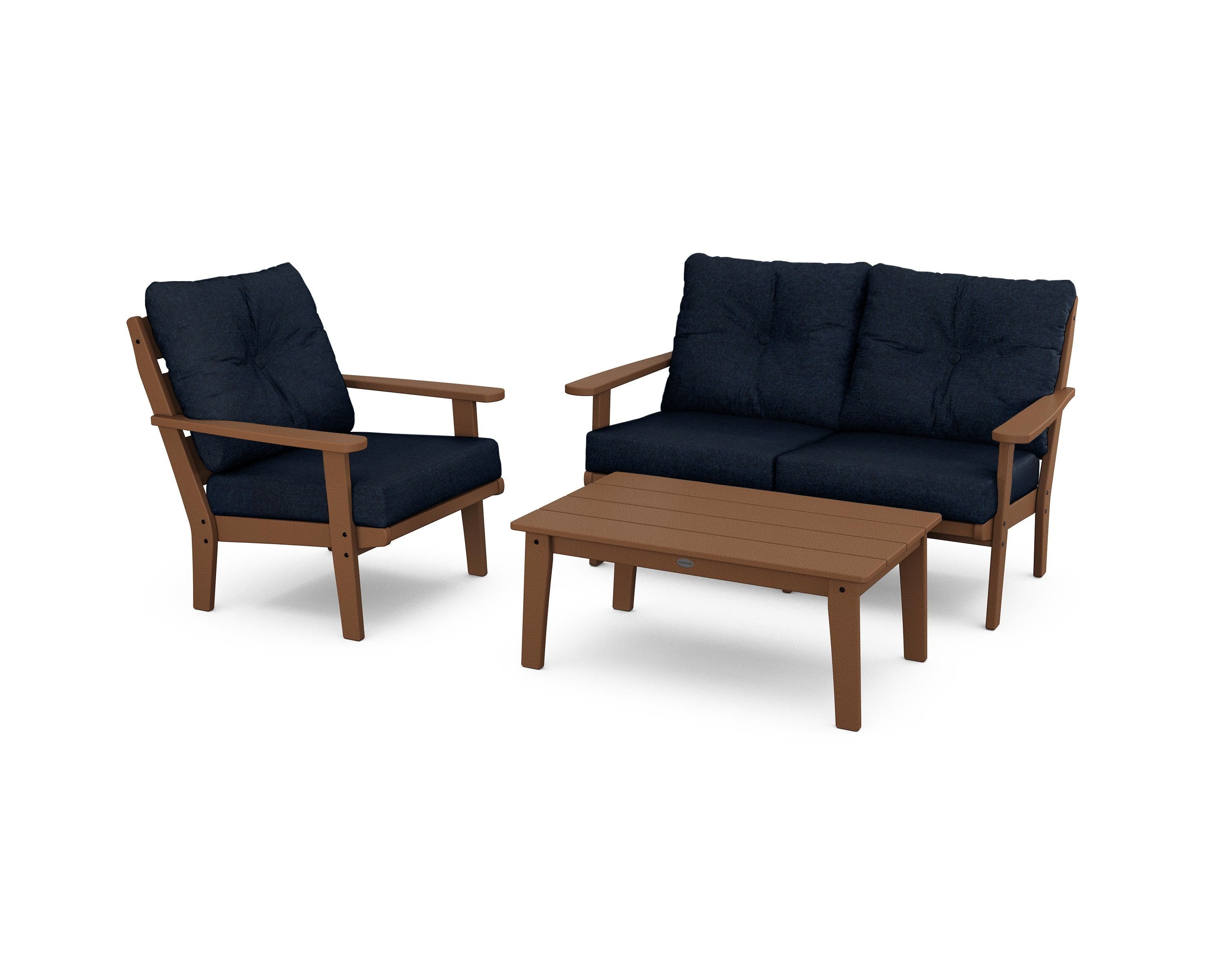 POLYWOOD® Lakeside 3-Piece Deep Seating Set in Teak / Marine Indigo