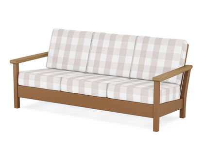 POLYWOOD® Harbour Deep Seating Sofa in Teak / Natural / Buffalo Plaid Dune Burlap