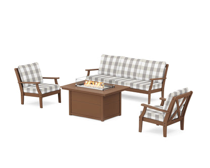 POLYWOOD® Braxton Deep Seating Fire Pit Table Set in Teak / Buffalo Plaid Grey Mist