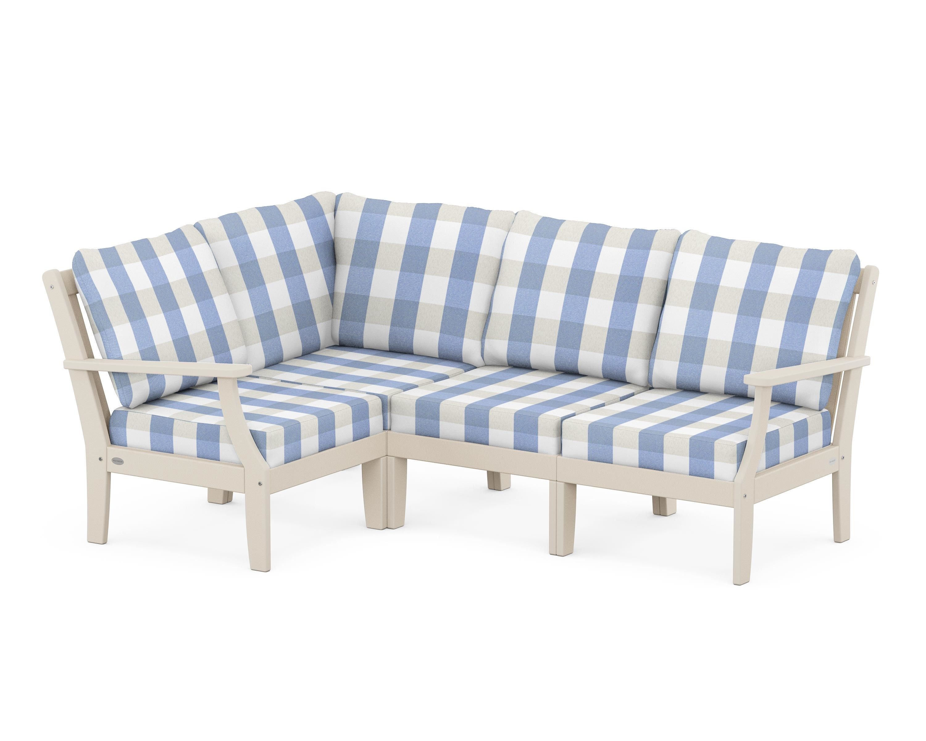POLYWOOD® Braxton Modular 4-Piece Deep Seating Set in Sand / Buffalo Plaid Sky Blue
