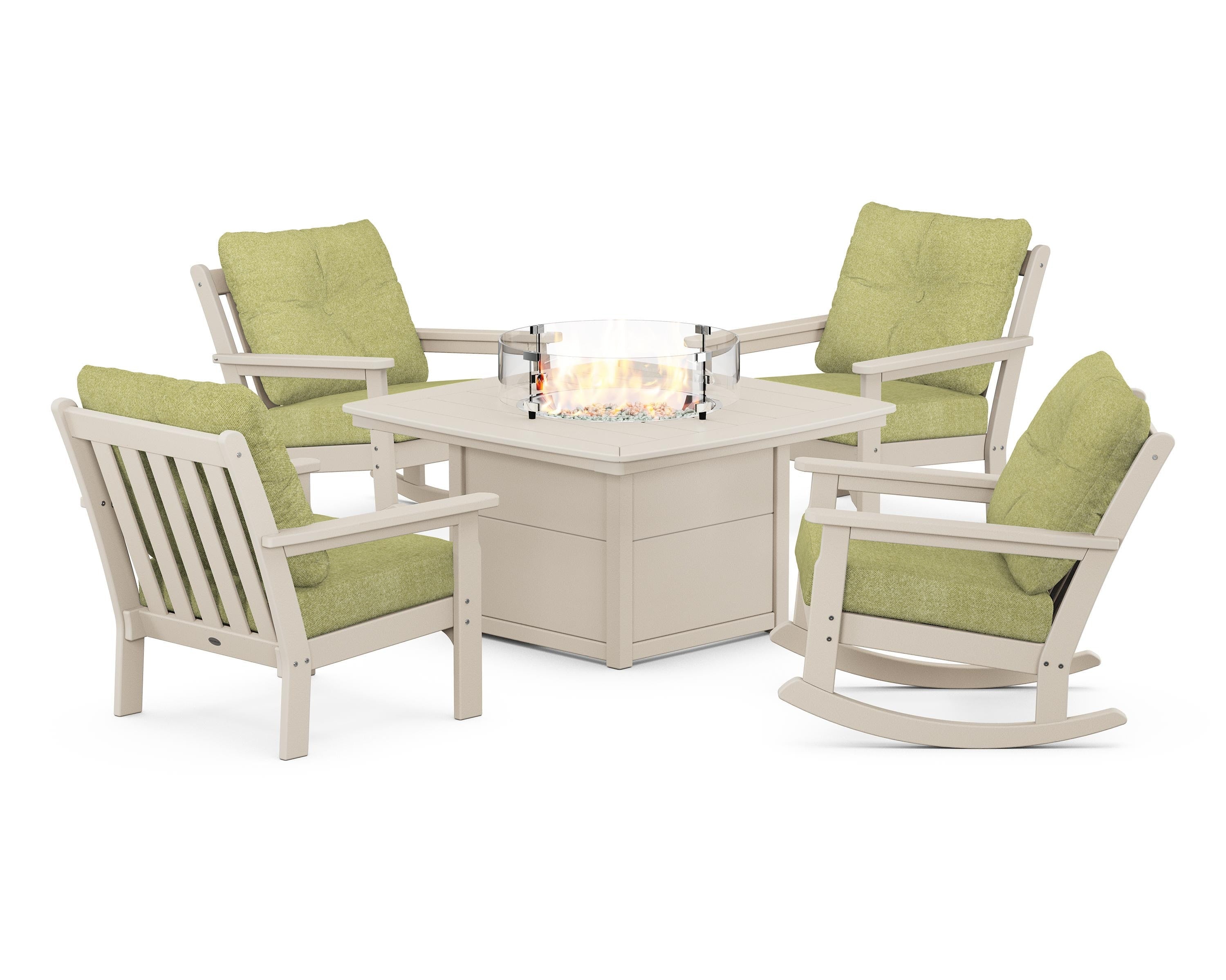 POLYWOOD® Vineyard 5-Piece Deep Seating Rocking Chair Conversation Set with Fire Pit Table in Sand / Chartreuse Boucle