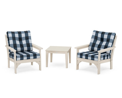 POLYWOOD® Vineyard 3-Piece Deep Seating Set in Sand / Buffalo Plaid Marine Indigo