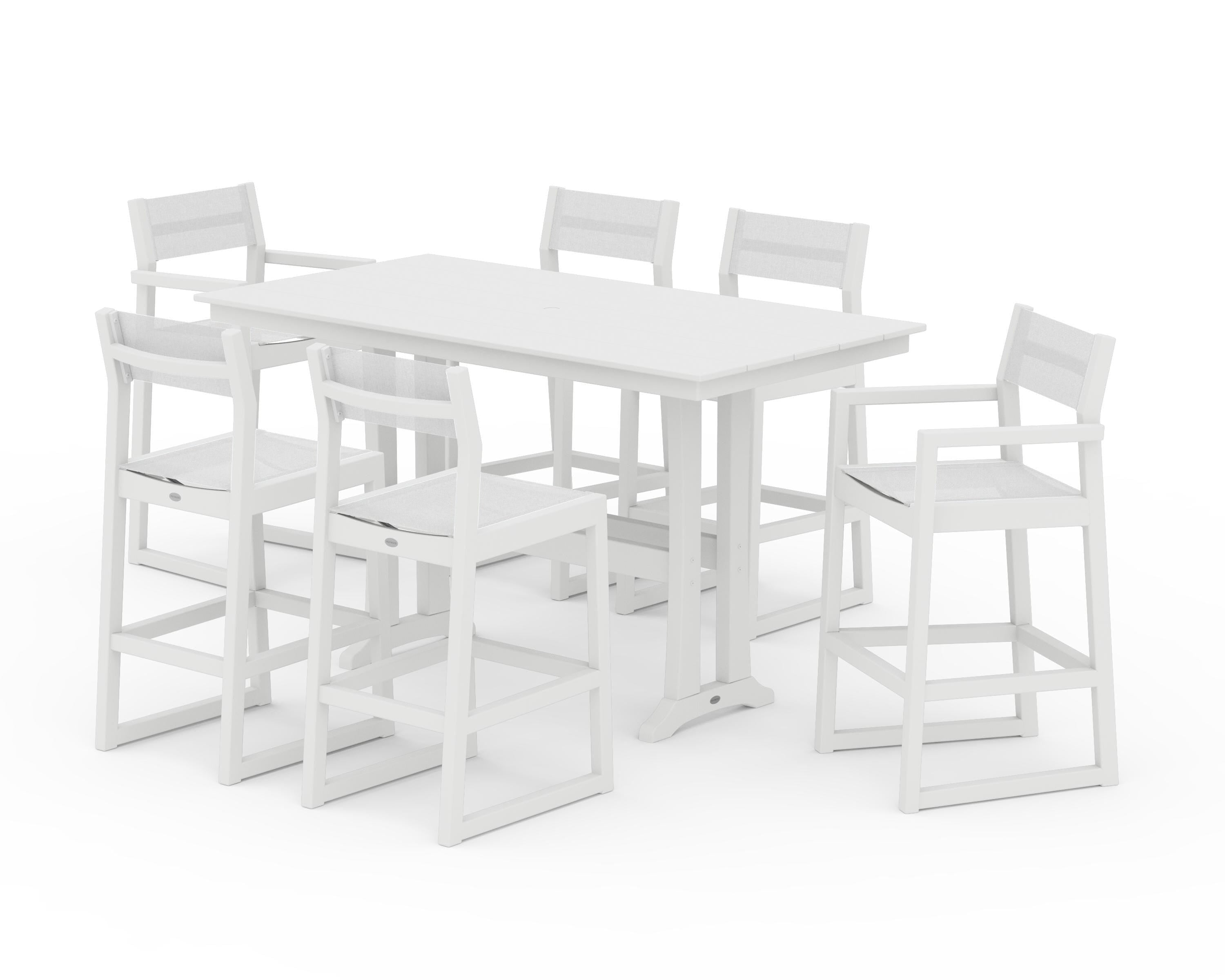POLYWOOD® EDGE Sling 7-Piece Farmhouse Bar Set with Trestle Legs in White / White Sling
