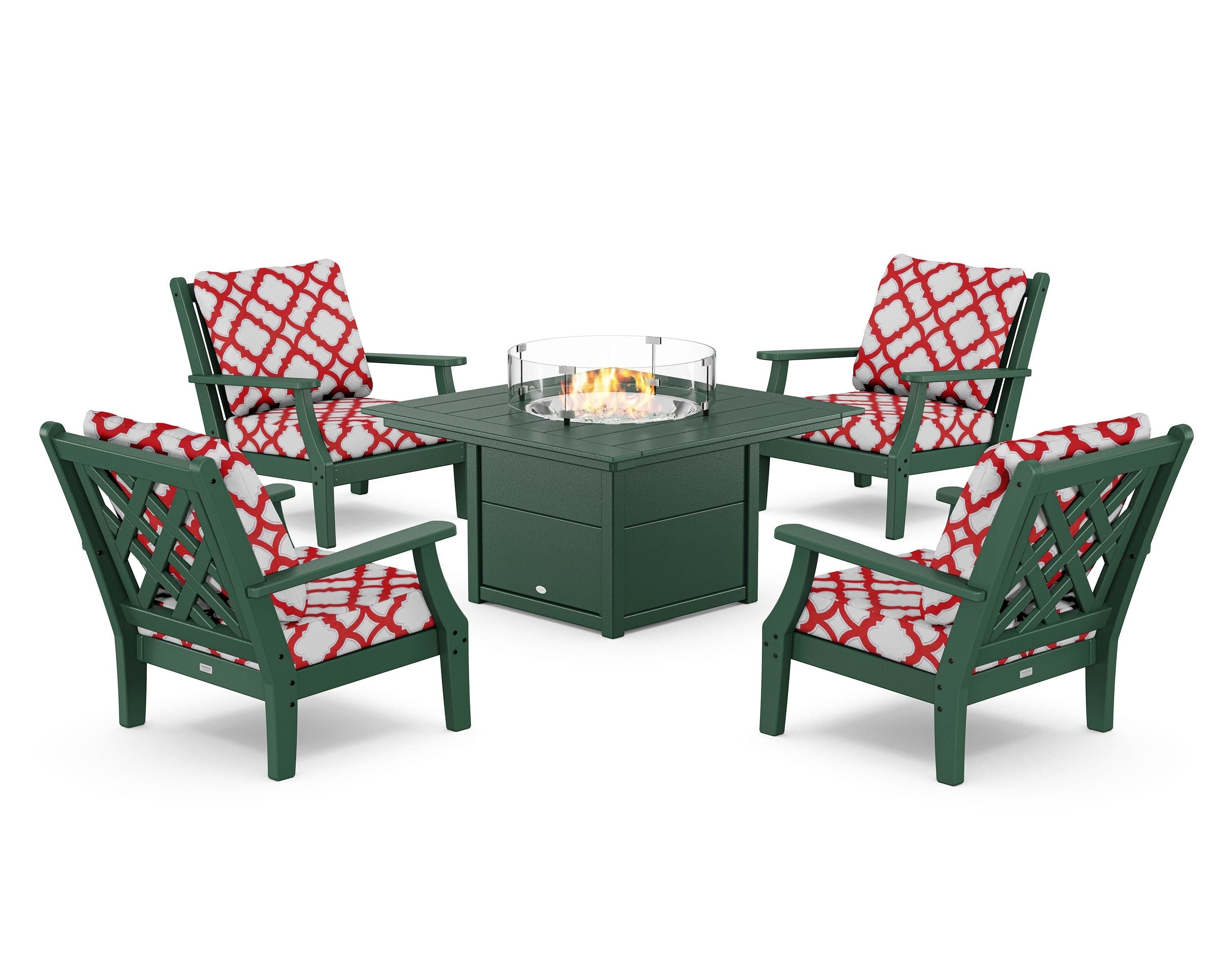 Country Living Wovendale 5-Piece Deep Seating Set with Fire Pit Table in Green / Trellis Crimson