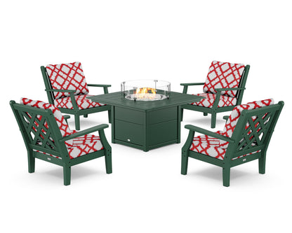 Country Living Wovendale 5-Piece Deep Seating Set with Fire Pit Table in Green / Trellis Crimson