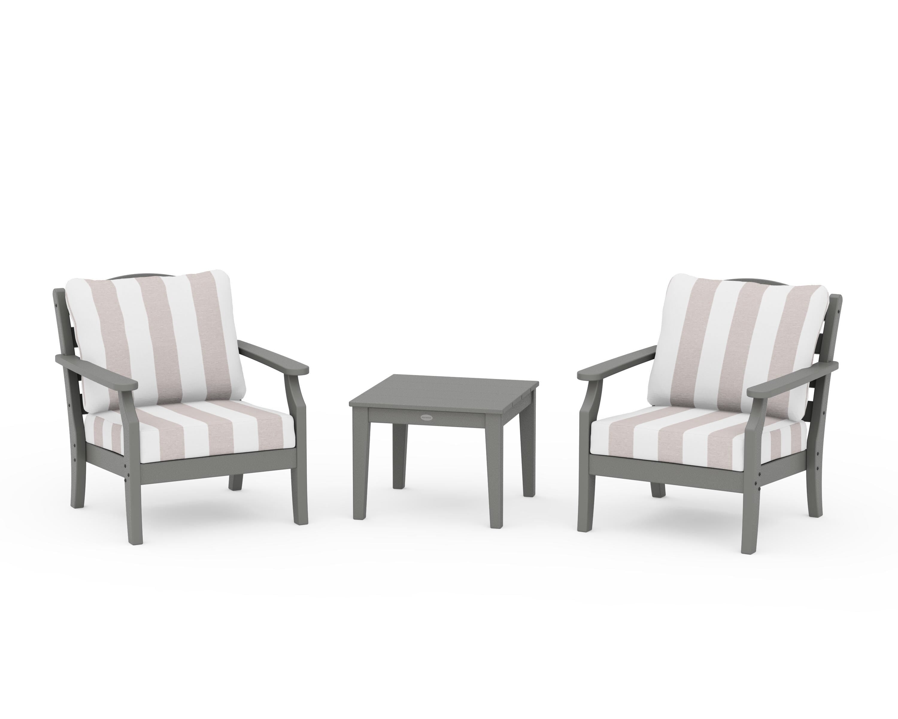 Draper James™ by  POLYWOOD® Savannah 3-Piece Deep Seating Set in Slate Grey / Cabana Stripe Dune Burlap