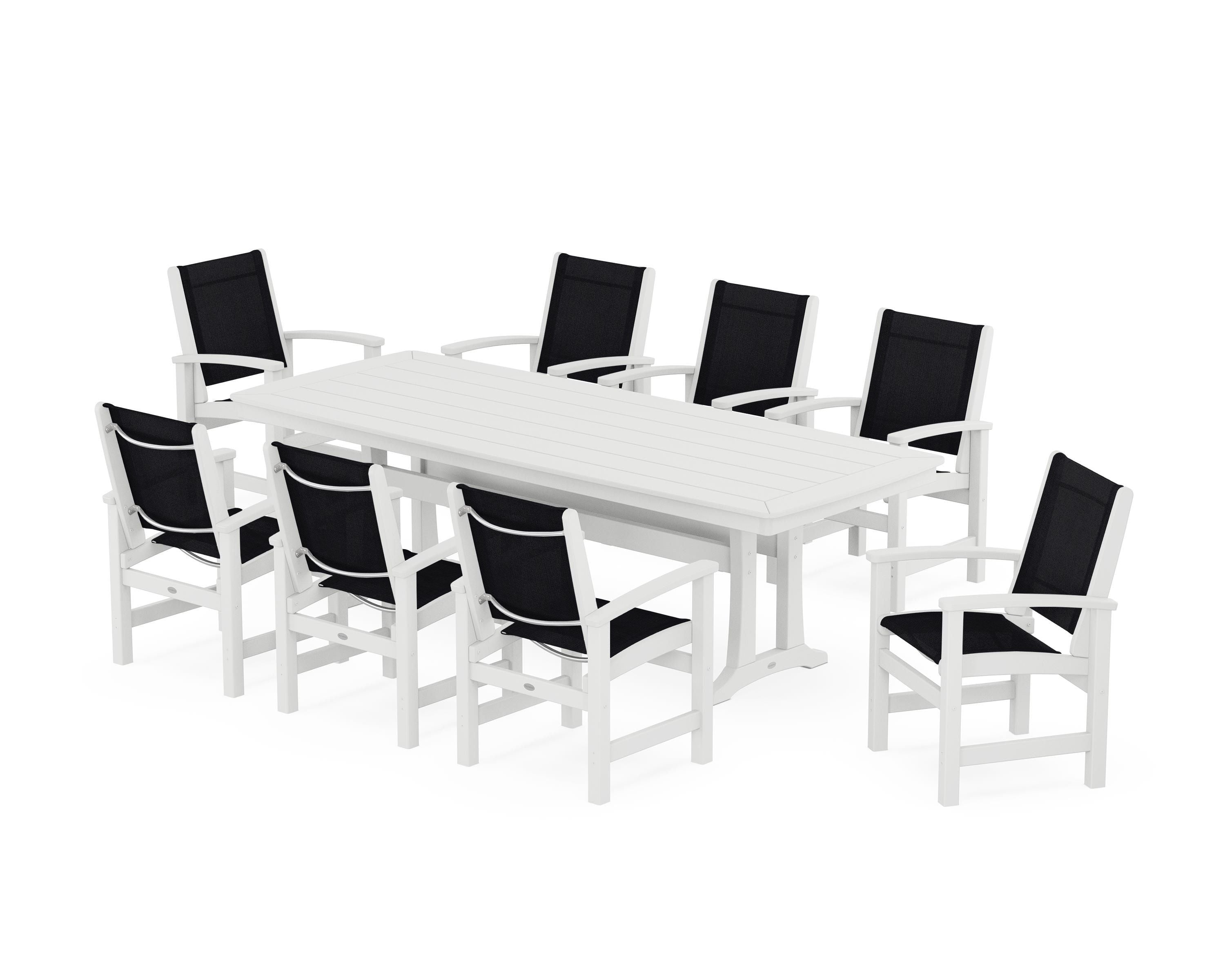 POLYWOOD® Coastal 9-Piece Dining Set with Trestle Legs in White / Black Sling