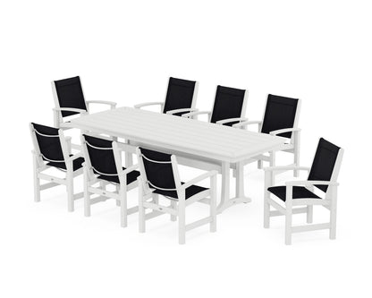 POLYWOOD® Coastal 9-Piece Dining Set with Trestle Legs in White / Black Sling