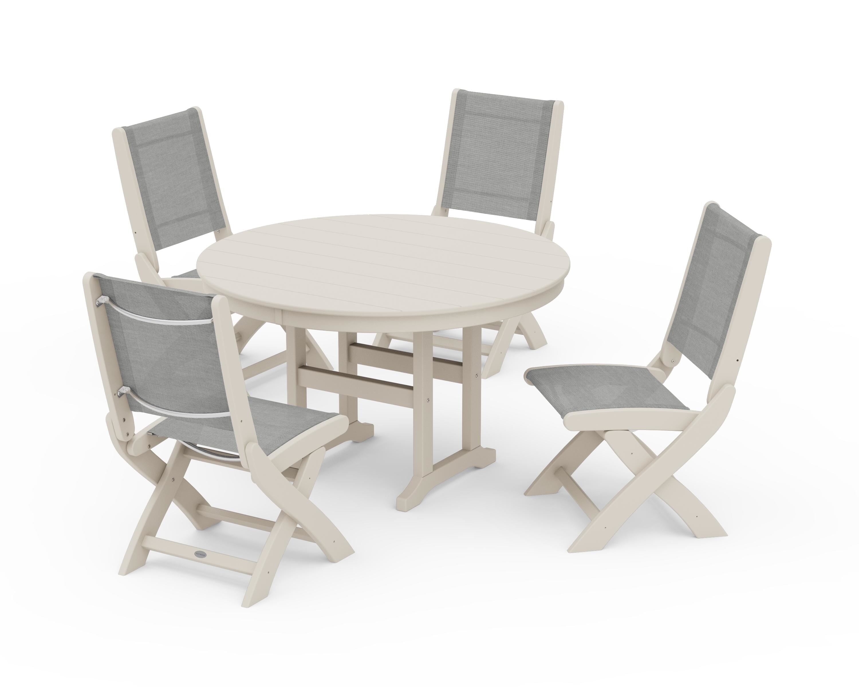 POLYWOOD® Coastal Folding Side Chair 5-Piece Round Dining Set in Sand / Metallic Sling