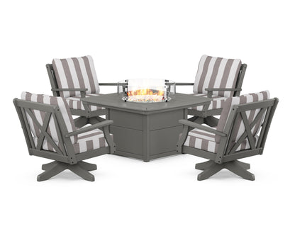 POLYWOOD® Braxton 5-Piece Deep Seating Swivel Conversation Set with Fire Pit Table in Slate Grey / Cabana Stripe Grey Mist