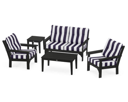 POLYWOOD® Vineyard 5-Piece Deep Seating Set in Black / Cabana Stripe Navy