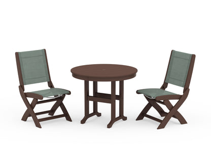POLYWOOD® Coastal Folding Side Chair 3-Piece Round Dining Set in Mahogany / Dupioni Sea Mist Sling