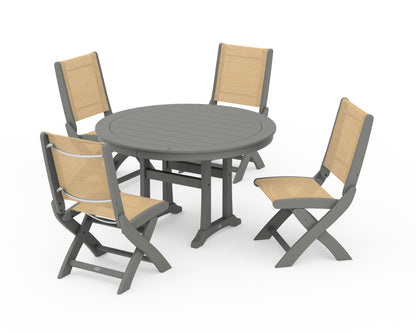 POLYWOOD® Coastal Folding Side Chair 5-Piece Round Dining Set With Trestle Legs in Slate Grey / Dupioni Apricot Sling
