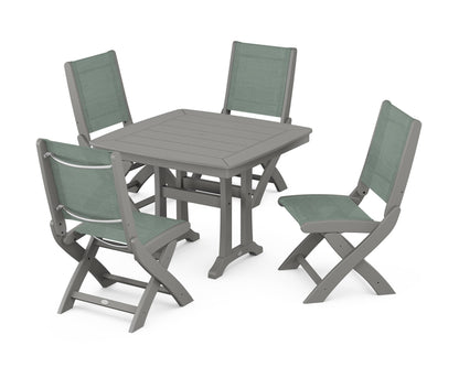 POLYWOOD® Coastal Folding Side Chair 5-Piece Dining Set with Trestle Legs in Slate Grey / Dupioni Sea Mist Sling