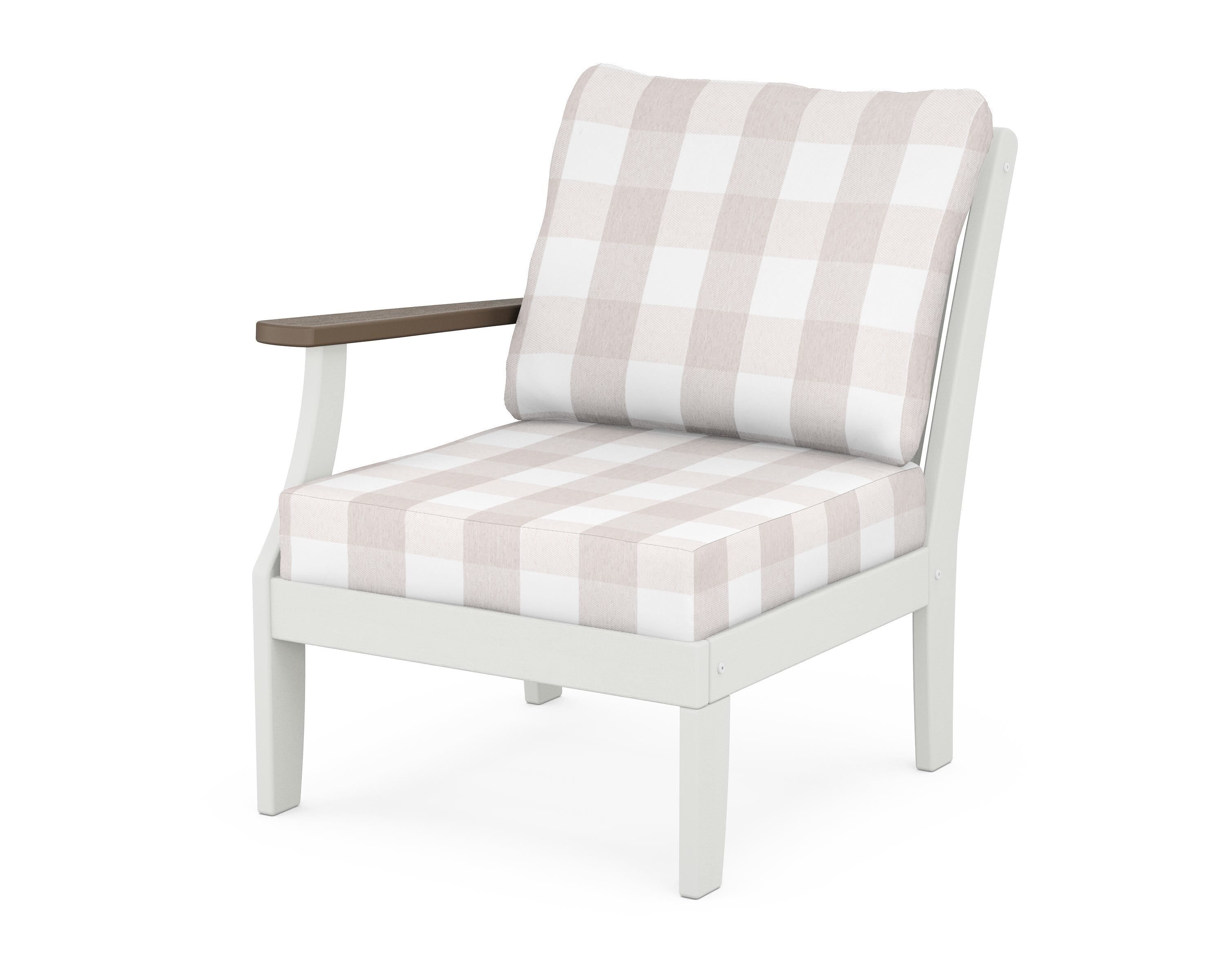 POLYWOOD® Braxton Modular Left Arm Chair in White / Kona / Buffalo Plaid Dune Burlap
