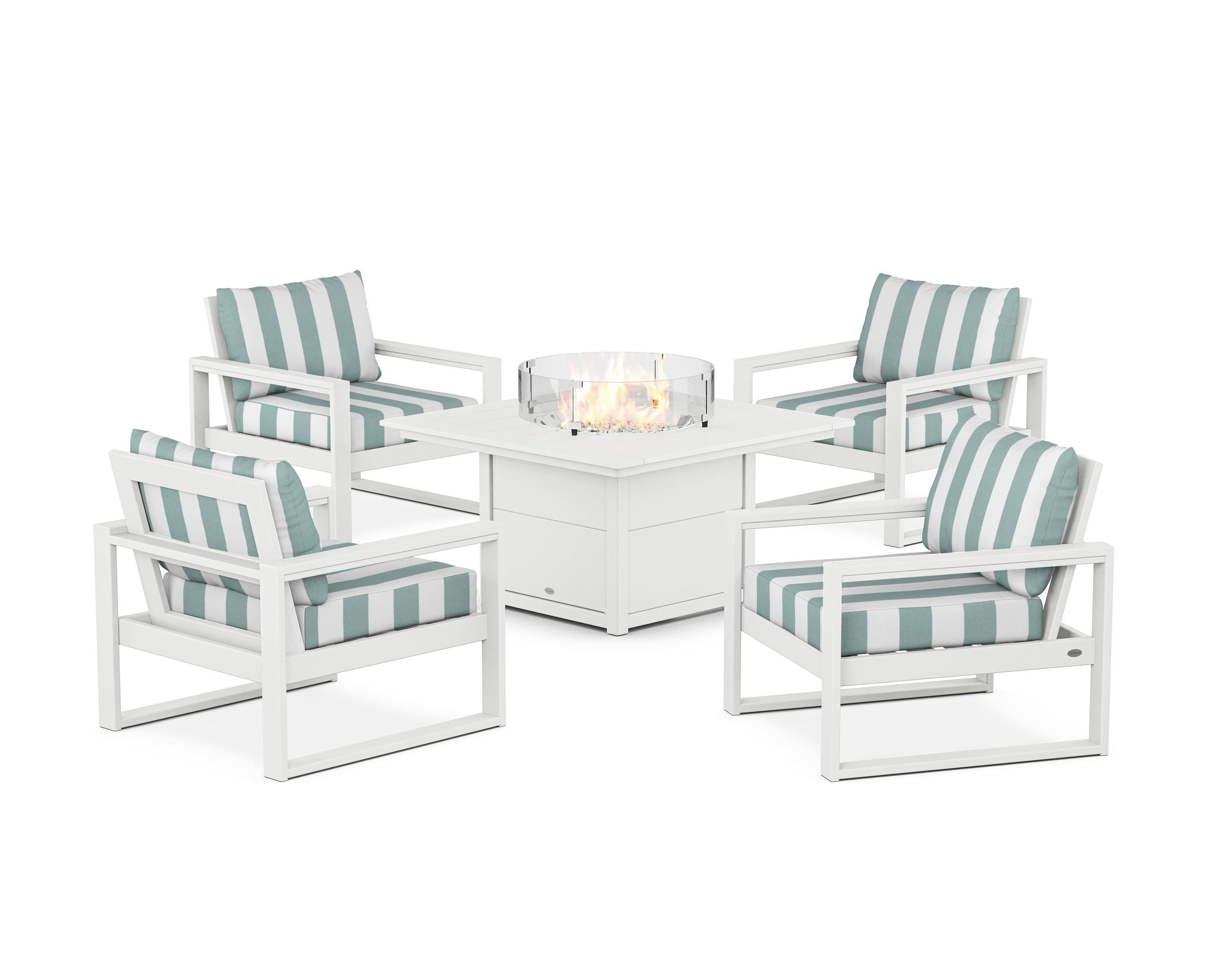POLYWOOD® EDGE Sectional 5-Piece Deep Seating Set with Fire Pit Table in White / Cabana Stripe Glacier Spa