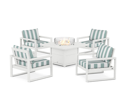 POLYWOOD® EDGE Sectional 5-Piece Deep Seating Set with Fire Pit Table in White / Cabana Stripe Glacier Spa