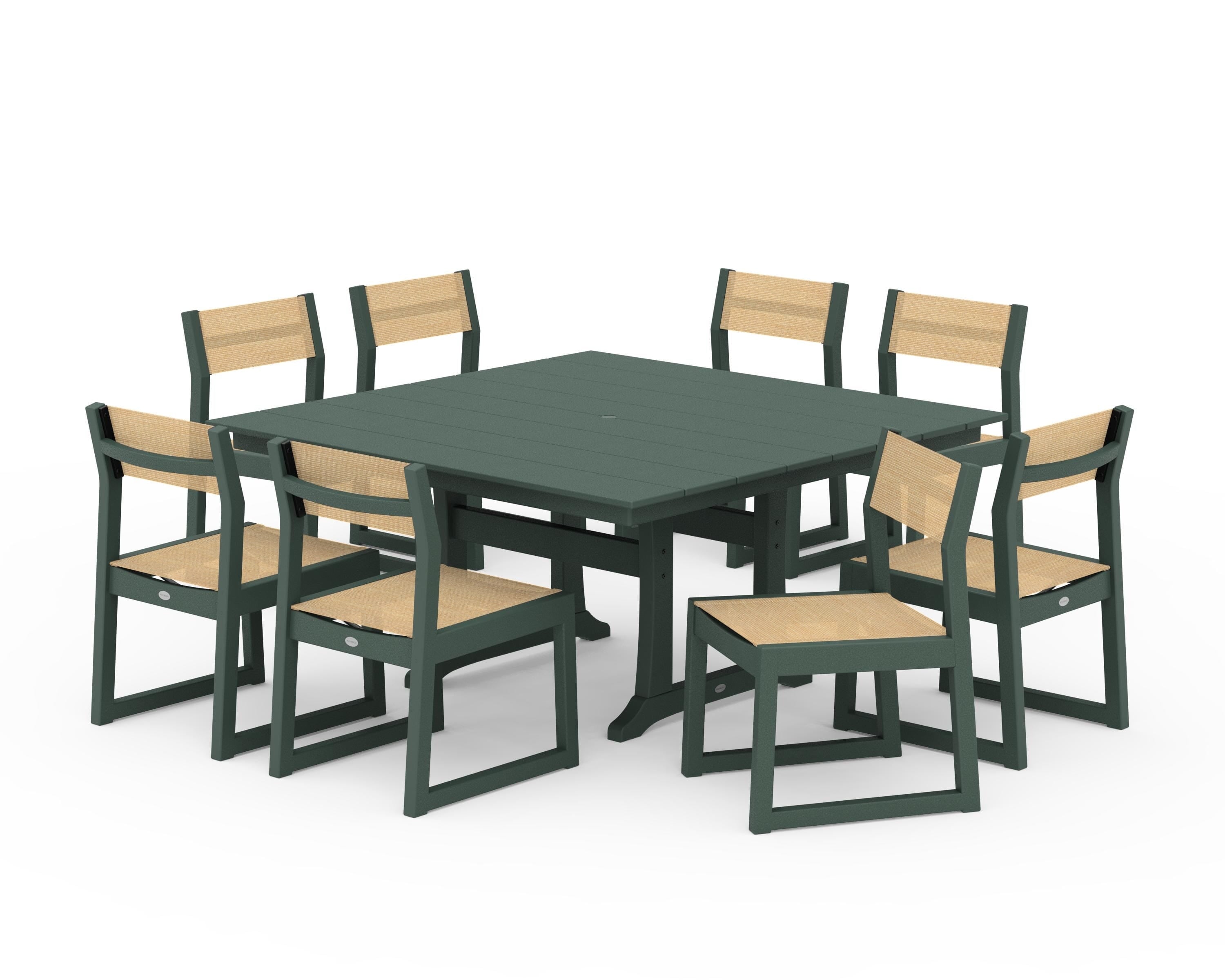 POLYWOOD® EDGE Sling Side Chair 9-Piece Farmhouse Trestle Dining Set in Green / Dupioni Apricot Sling