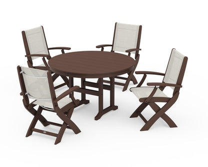 POLYWOOD® Coastal Folding Chair 5-Piece Round Dining Set in Mahogany / Parchment Sling