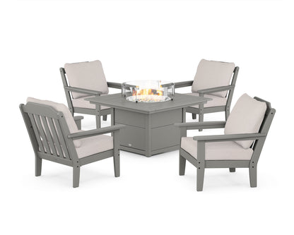 Country Living Cottage 5-Piece Deep Seating Set with Fire Pit Table in Slate Grey / Dune Burlap