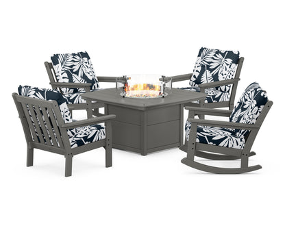 POLYWOOD® Vineyard 5-Piece Deep Seating Rocking Chair Conversation Set with Fire Pit Table in Slate Grey / Leaf Marine Indigo