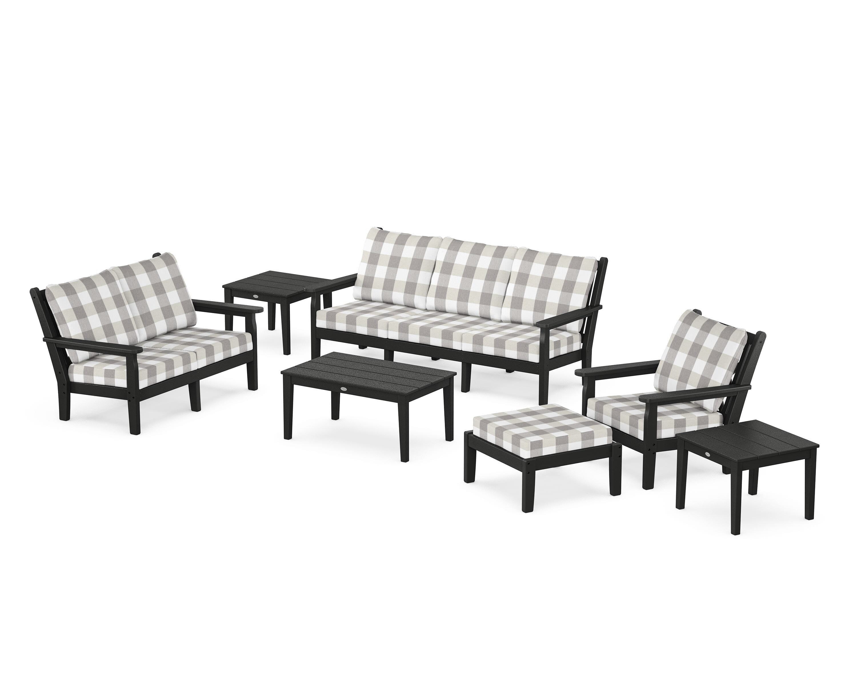POLYWOOD® Chippendale 7-Piece Deep Seating Set in Black / Buffalo Plaid Grey Mist