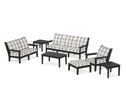 POLYWOOD® Chippendale 7-Piece Deep Seating Set in Black / Buffalo Plaid Grey Mist