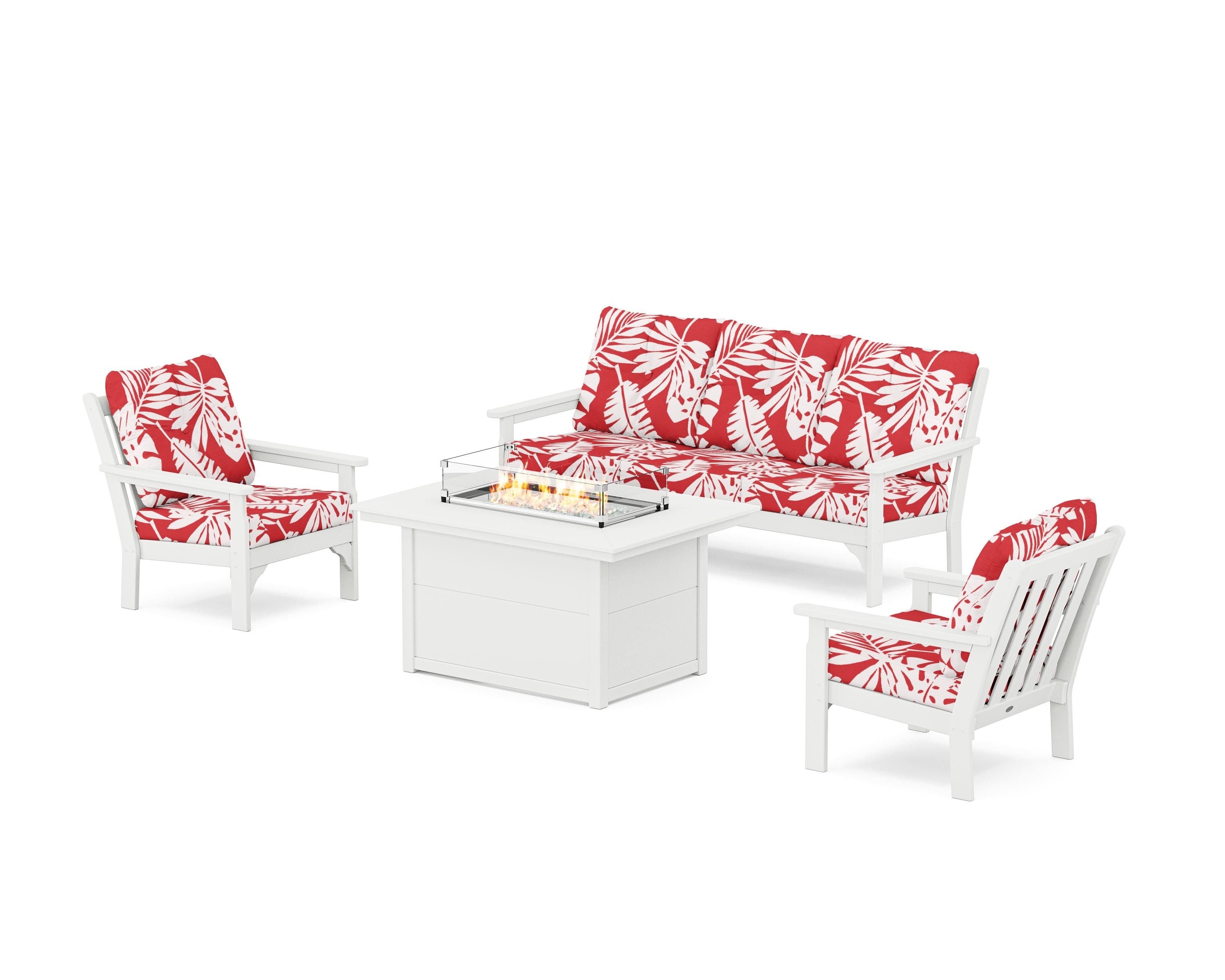 POLYWOOD® Vineyard Deep Seating Fire Pit Table Set in White / Leaf Crimson